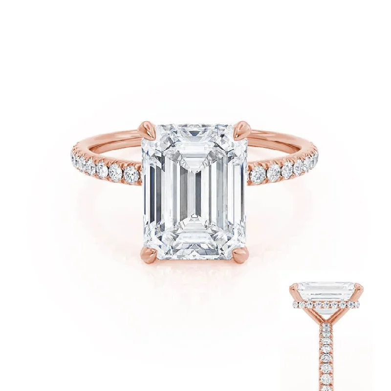 LIVELY - Emerald Moissanite & Diamond 18k Rose Gold Petite Hidden Halo Pavé Shoulder Set Ring