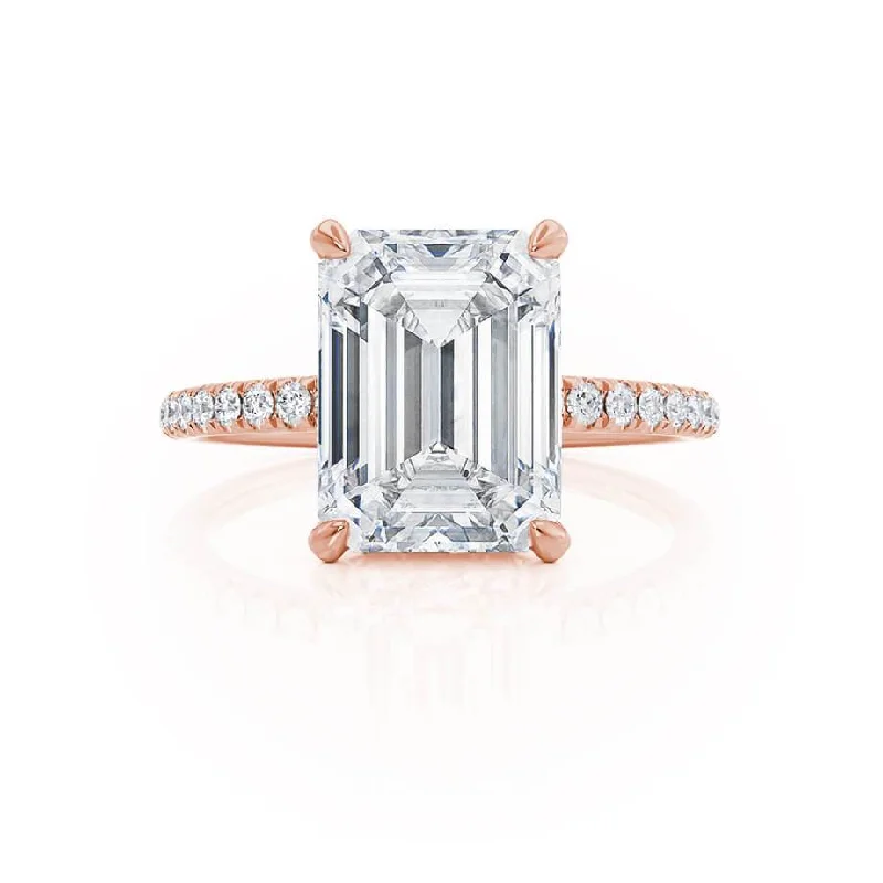 LIVELY - Emerald Moissanite & Diamond 18k Rose Gold Petite Hidden Halo Pavé Shoulder Set Ring