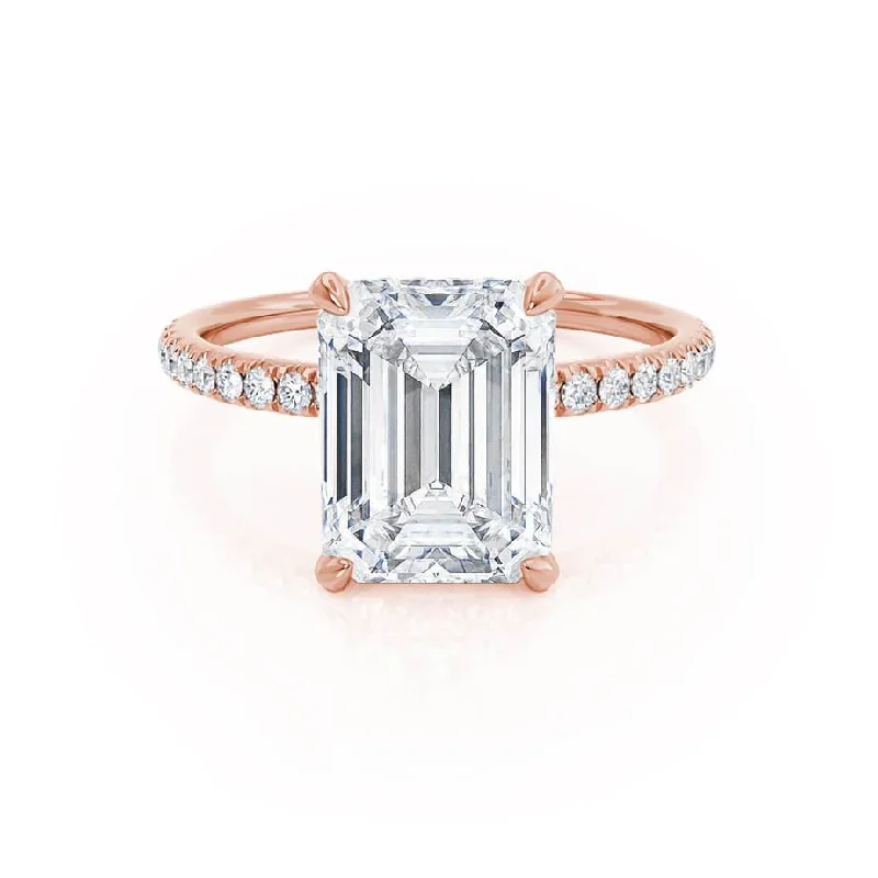 LIVELY - Emerald Moissanite & Diamond 18k Rose Gold Petite Hidden Halo Pavé Shoulder Set Ring