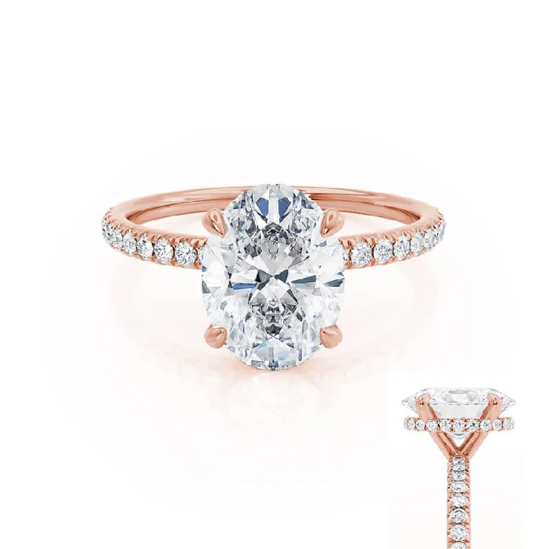 LIVELY - Oval Moissanite & Diamond 18k Rose Gold Petite Hidden Halo Pavé Shoulder Set Ring