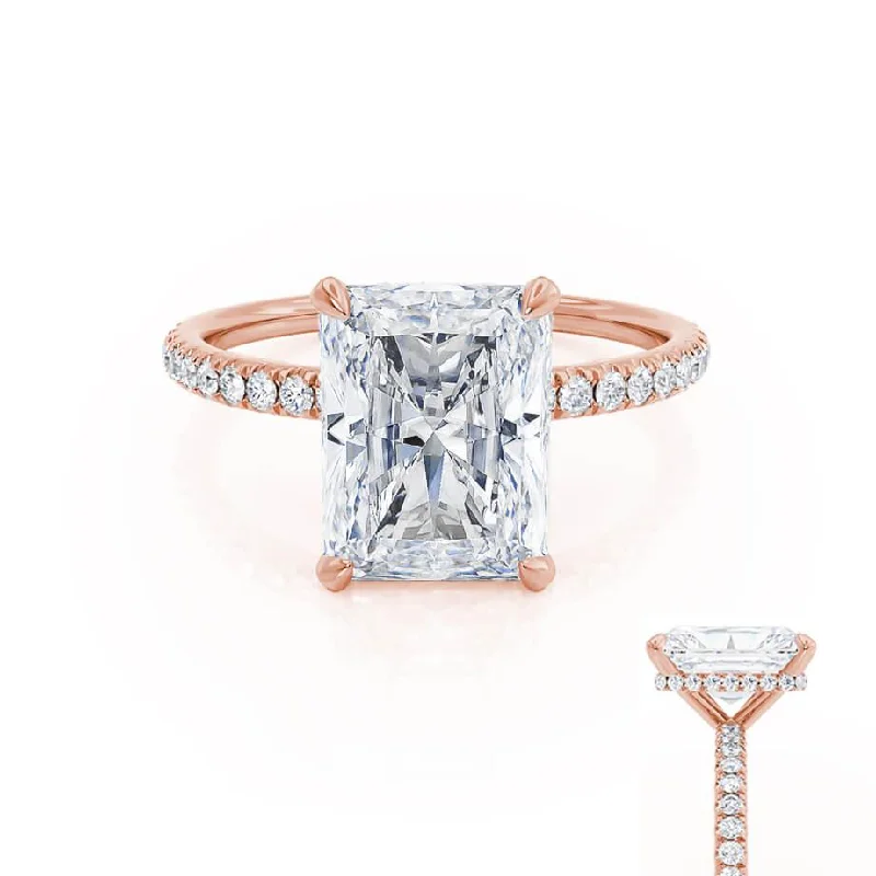 LIVELY - Radiant Moissanite & Diamond 18k Rose Gold Petite Hidden Halo Pavé Shoulder Set Ring