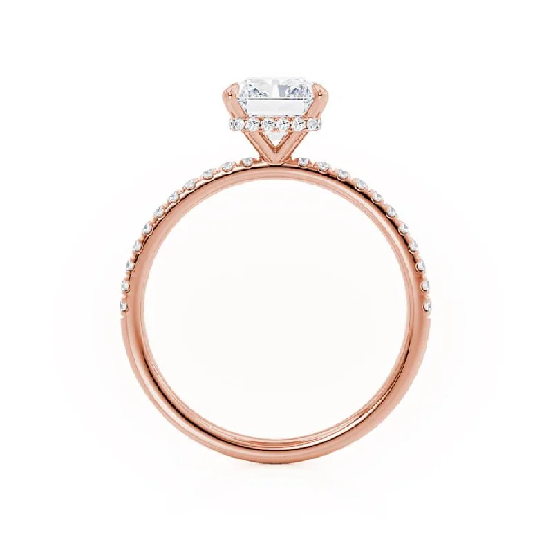 LIVELY - Radiant Moissanite & Diamond 18k Rose Gold Petite Hidden Halo Pavé Shoulder Set Ring