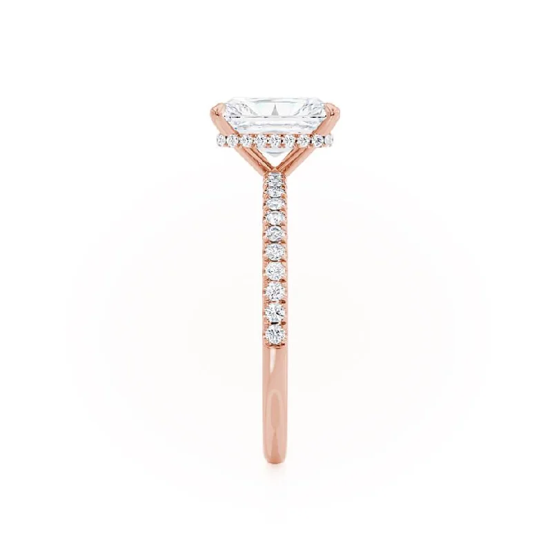 LIVELY - Radiant Moissanite & Diamond 18k Rose Gold Petite Hidden Halo Pavé Shoulder Set Ring