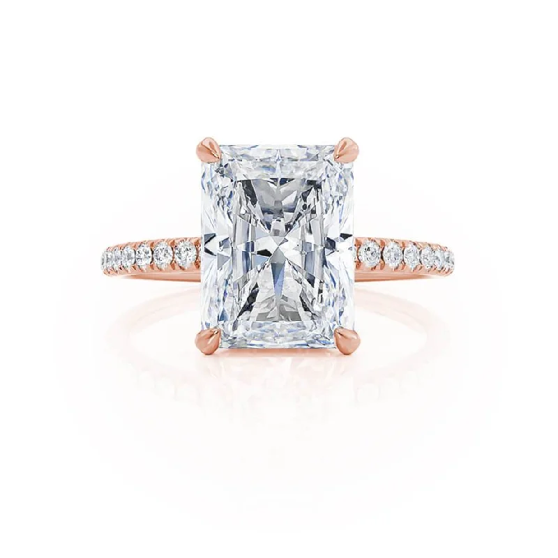 LIVELY - Radiant Moissanite & Diamond 18k Rose Gold Petite Hidden Halo Pavé Shoulder Set Ring