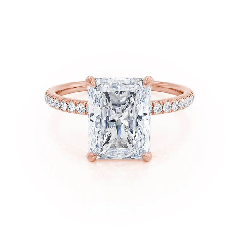 LIVELY - Radiant Moissanite & Diamond 18k Rose Gold Petite Hidden Halo Pavé Shoulder Set Ring