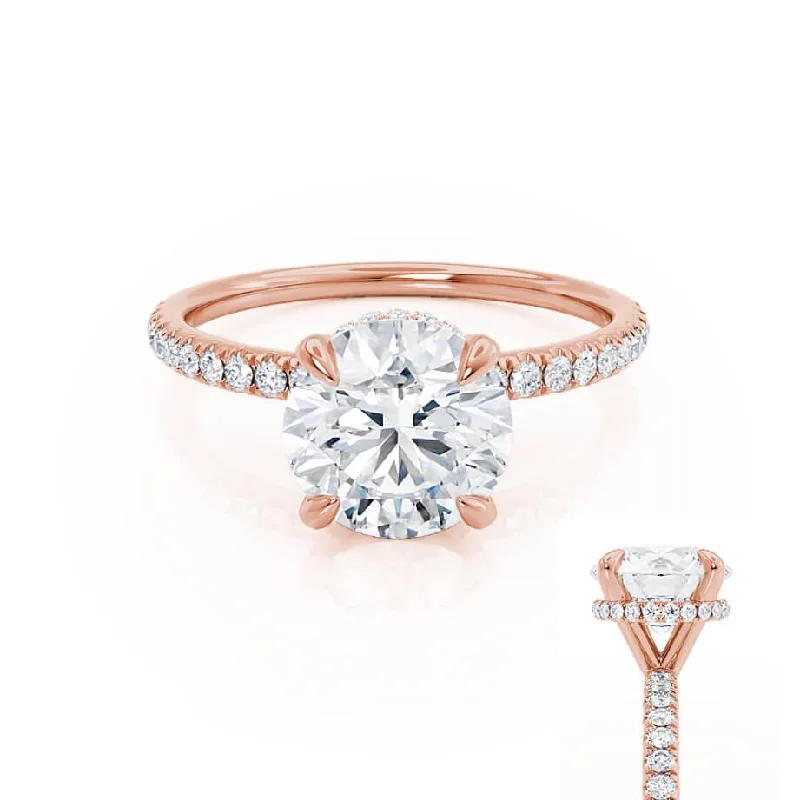 LIVELY - Round Moissanite & Diamond 18k Rose Gold Hidden Halo Micro Pavé Shoulder Set Ring