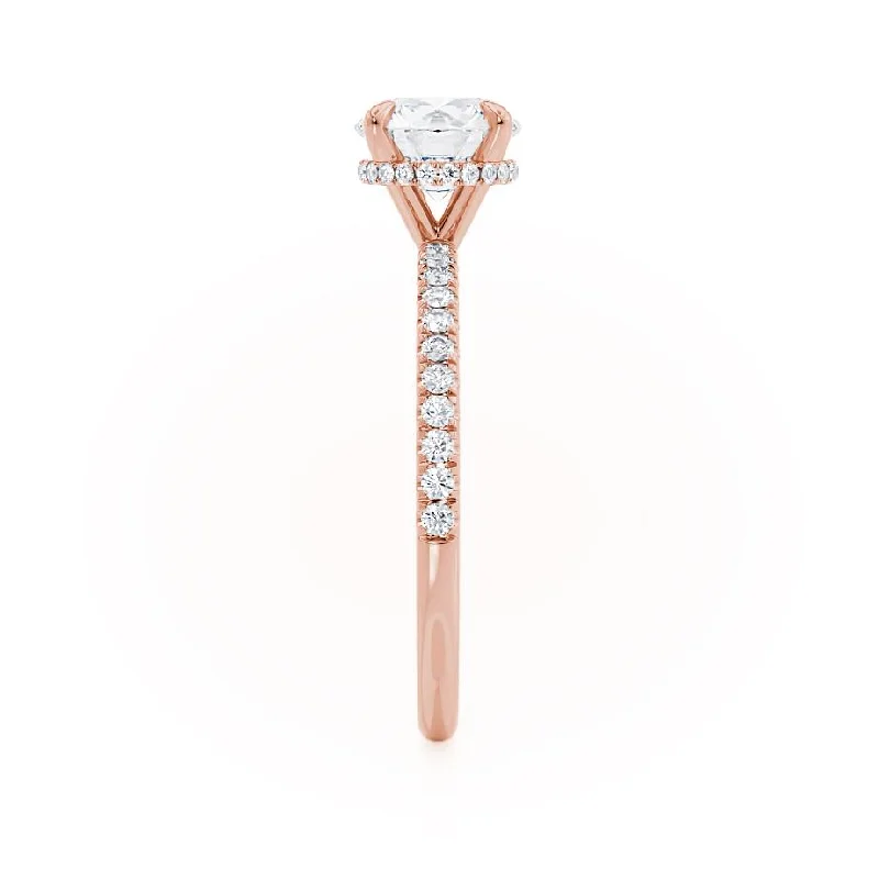 LIVELY - Round Moissanite & Diamond 18k Rose Gold Hidden Halo Micro Pavé Shoulder Set Ring