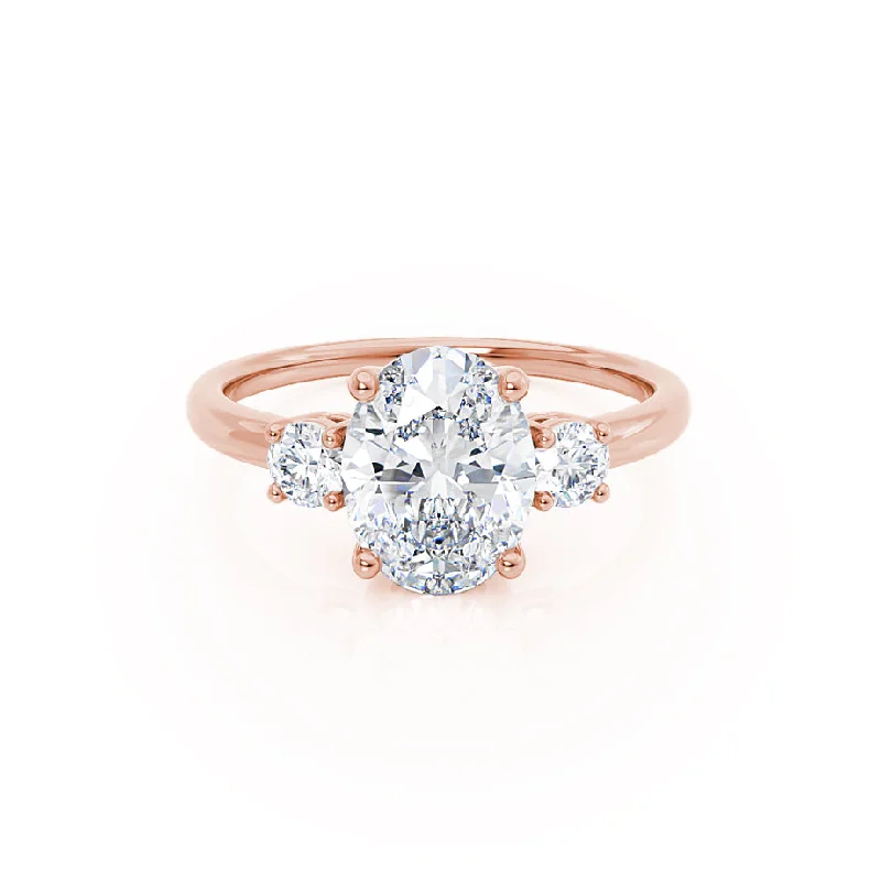 LOUELLA - Moissanite Oval Petite Trilogy Engagement Ring 18k Rose Gold