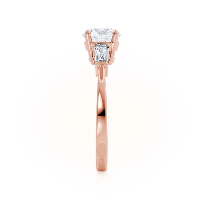 LOVETTA - Round Moissanite & Diamond Baguette 18k Rose Gold Trilogy