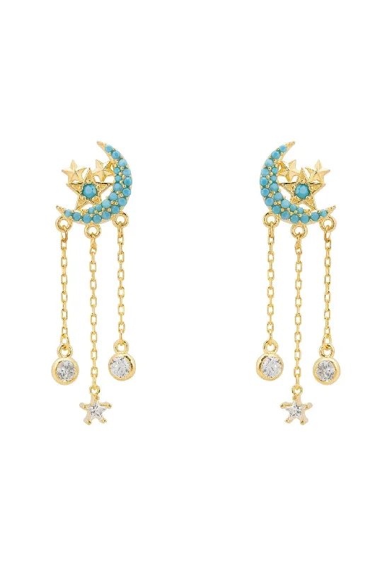 Lunar Moon Chain Drop Earrings Gold Turquoise