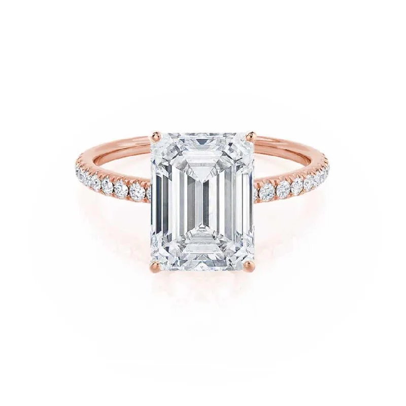 MACY - Emerald Moissanite & Diamond 18k Rose Gold Petite Pavé Ring