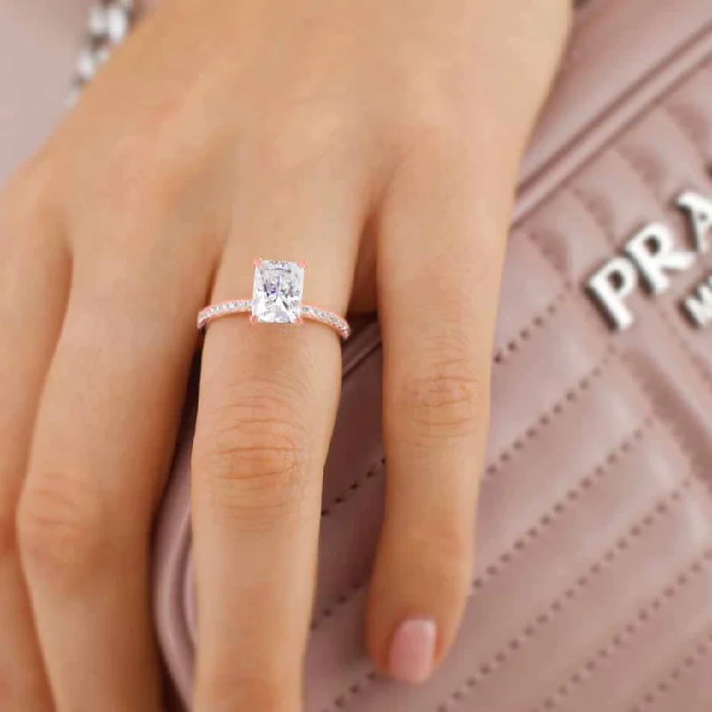 MACY - Radiant Moissanite & Diamond 18k Rose Gold Petite Pavé Ring