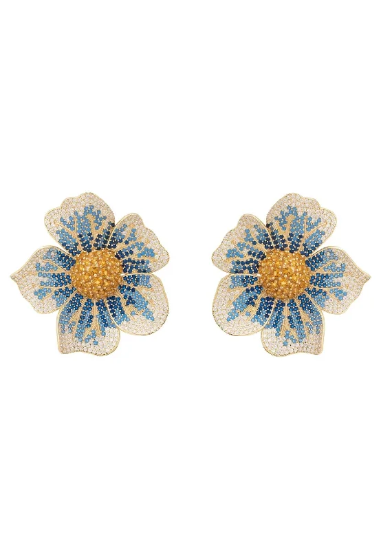 Pansy Flower Blue Earrings Gold