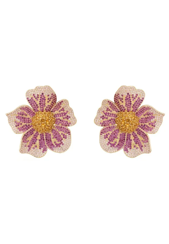 Pansy Flower Pink Earrings Gold