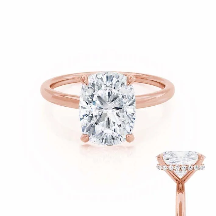 PARIS - Elongated Cushion Moissanite & Diamond 18k Rose Gold Hidden Halo