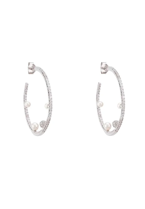 Pearl & Sparkles Hoop Earrings Silver