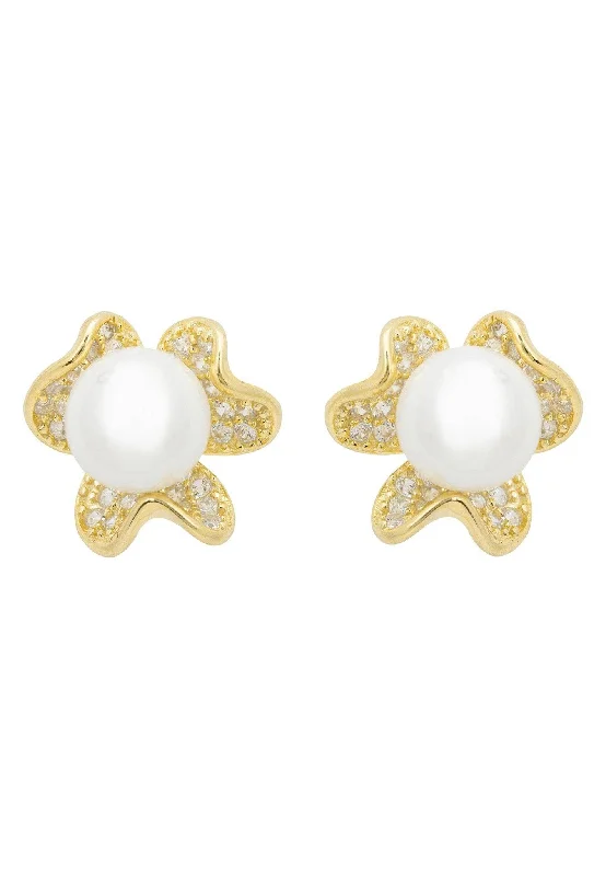 Petals And Pearl Stud Earrings Gold