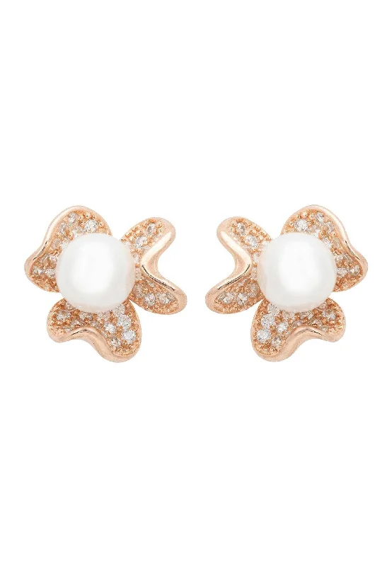 Petals And Pearl Stud Earrings Rosegold