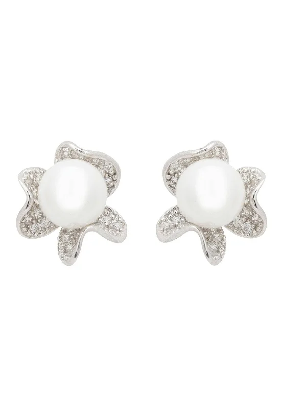 Petals And Pearl Stud Earrings Silver