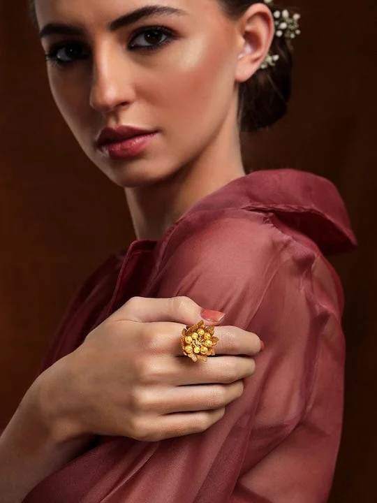 Rubans 24K Gold Plated Handcrafted  Ring With Golden Beads And Floral Design