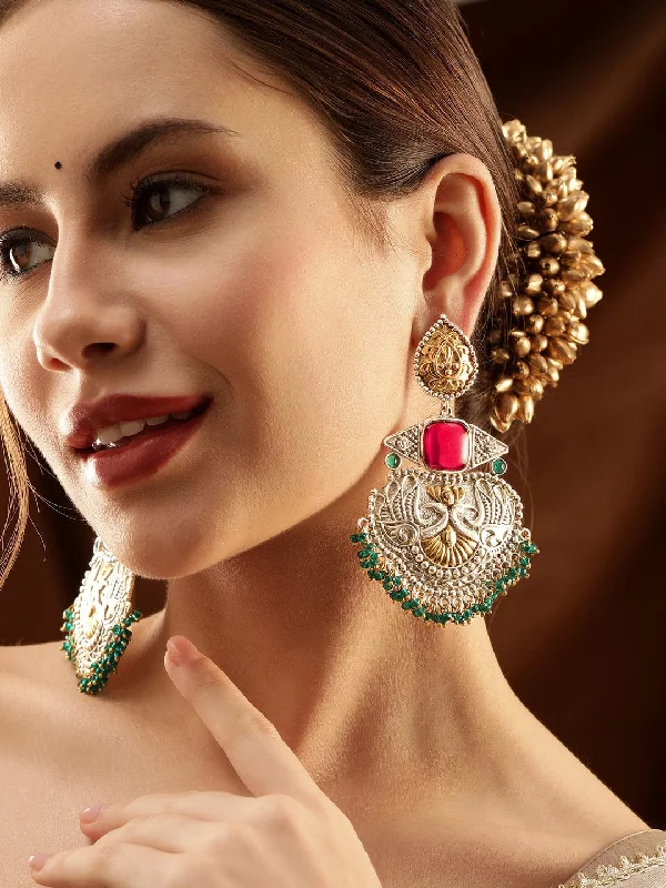 Rubans Silver Oxidized & Gold Plated Ruby Studded Green Beaded Chandbali Earrings