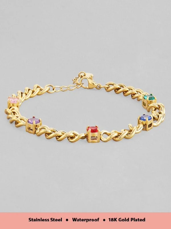 Rubans Voguish 18K Gold Plated Stainless Steel Waterproof Cuban Style Bracelet With Multicolour Zircons Studded.