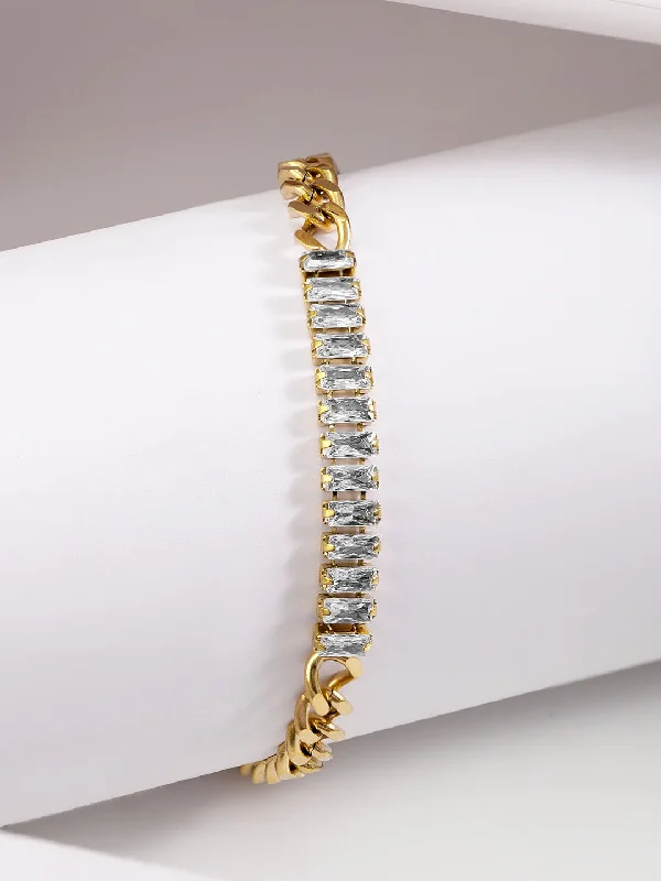 Rubans Voguish 18K Gold Plated Stainless Steel Waterproof Cuban Chain Bracelet With Zircon Baguettes Studded.