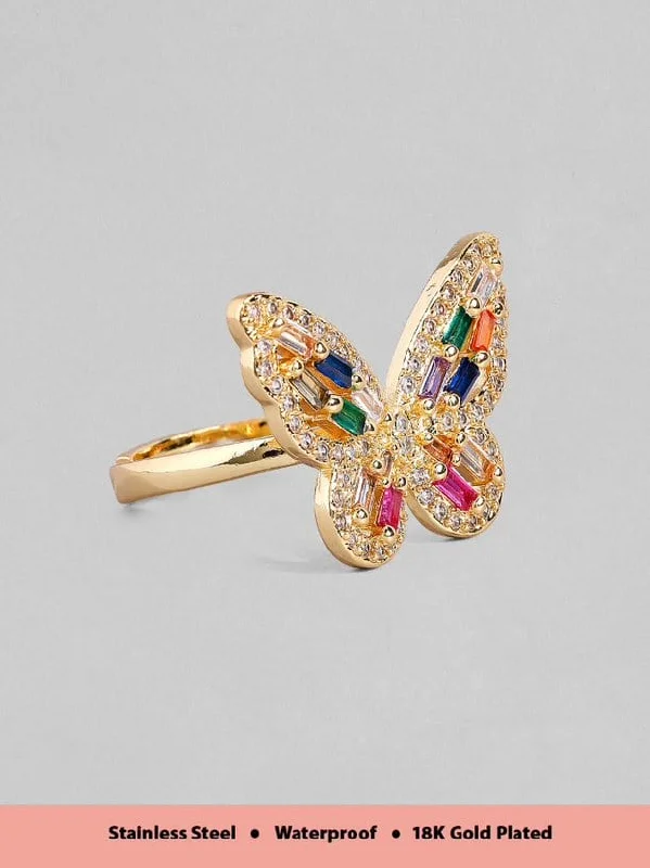 Rubans Voguish 18K Gold Plated Stainless Steel Waterproof Statement Butterfly Ring With Multicolour Zircon Stones.