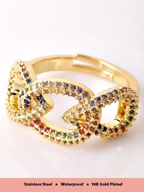 Rubans Voguish 18K Gold Plated Stainless Steel Waterproof Ring With Multicolour Zircons Studded.