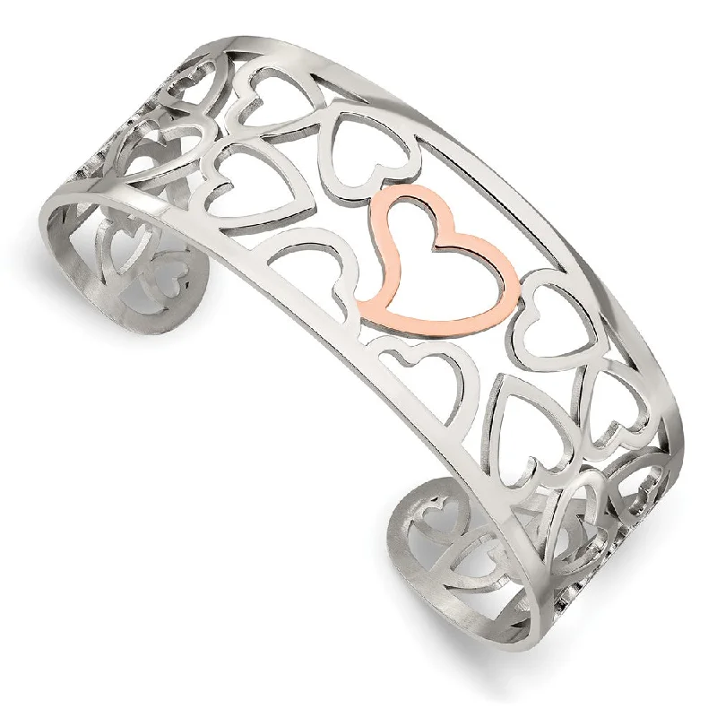 Stainless Steel and Rose Gold Tone Plated Hearts Cuff Bracelet