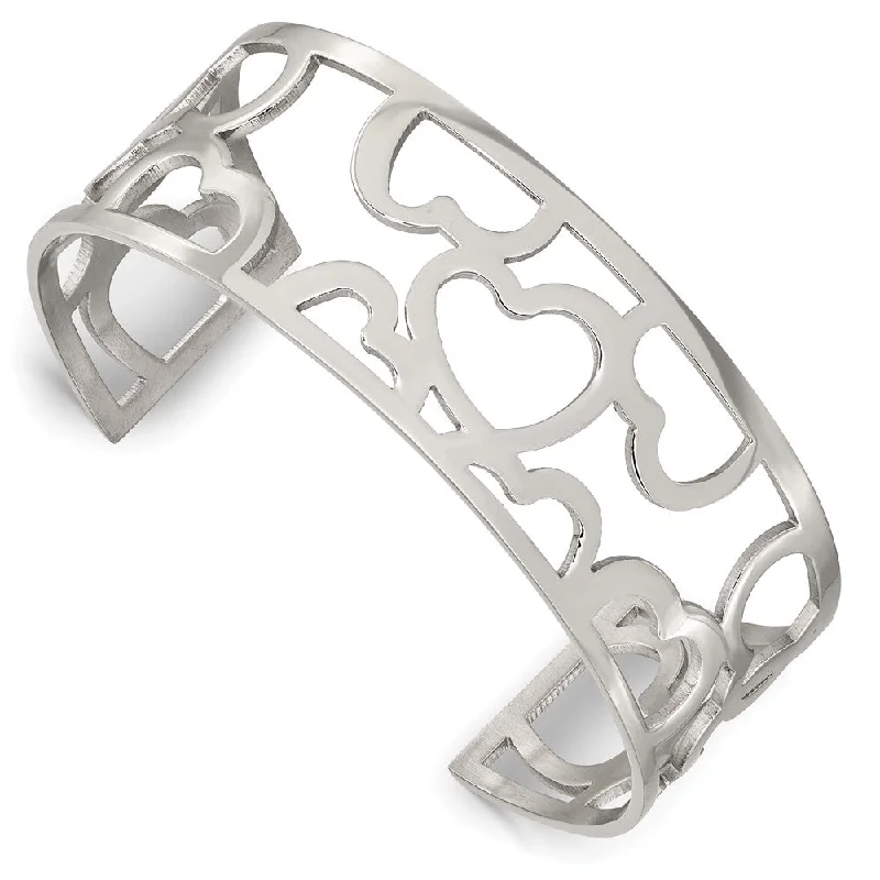 Stainless Steel Hearts Cuff Bangle Bracelet, 7 Inch