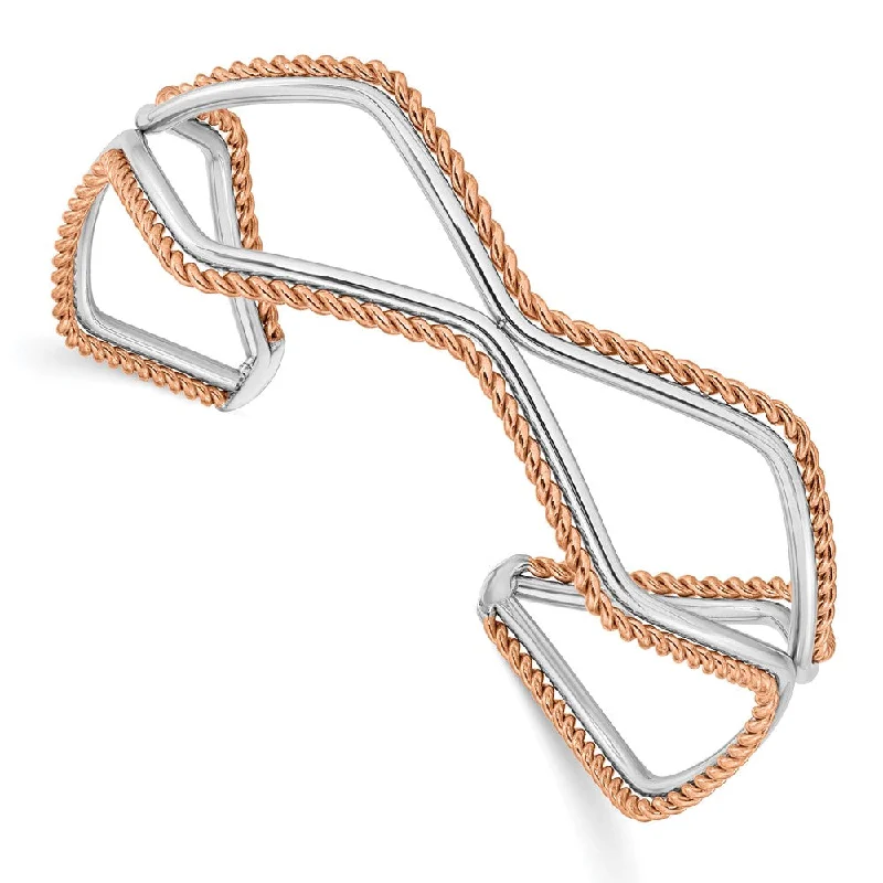 Stainless Steel & Rose Gold Tone Plated Textured Cuff Bangle Bracelet