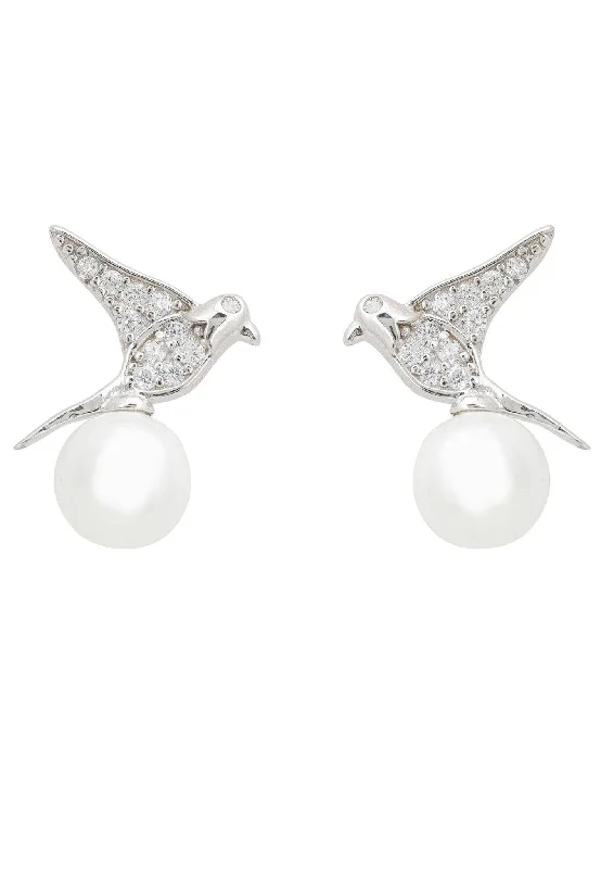 Swallows And Pearl Stud Earring Silver