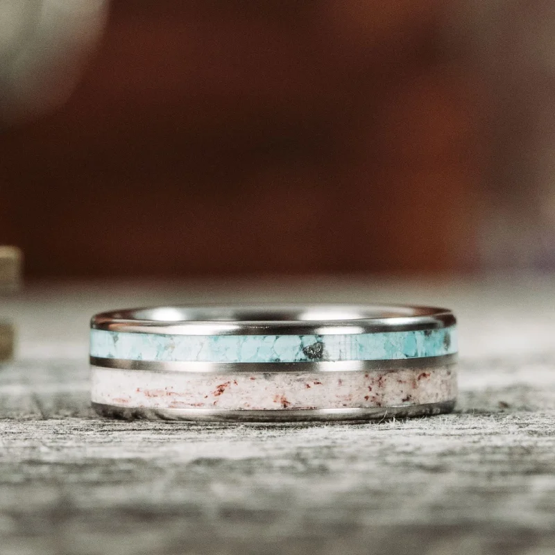 The Wapiti | Women's Titanium Wedding Band with Elk Antler and Turquoise